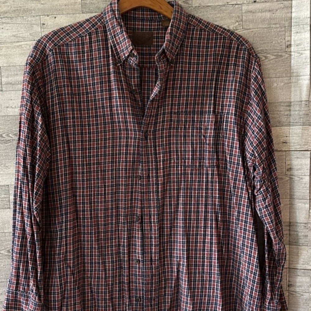 Vintage plaid flannel shirt St. John’s Bay men’s large‎ rust blue